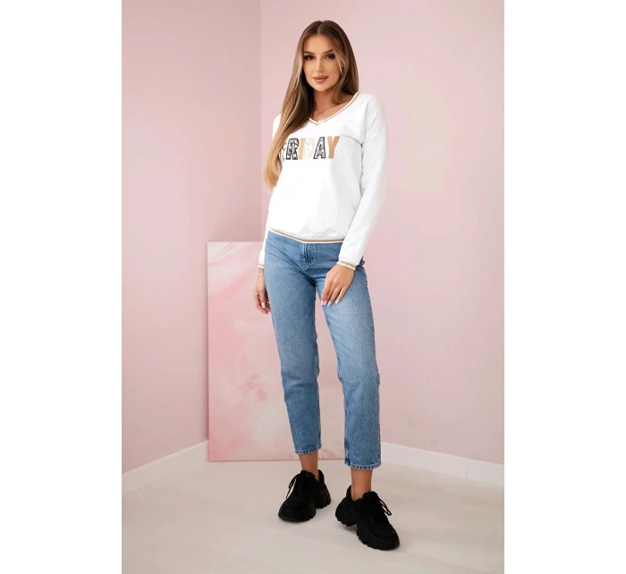 Dámska mikina s kapucňou s flitrovým nápisom biela