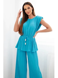 Dámský viskózový model 22203812 komplet se zavazovací halenkou a širokými kalhotami tyrkysový - K-Fashion