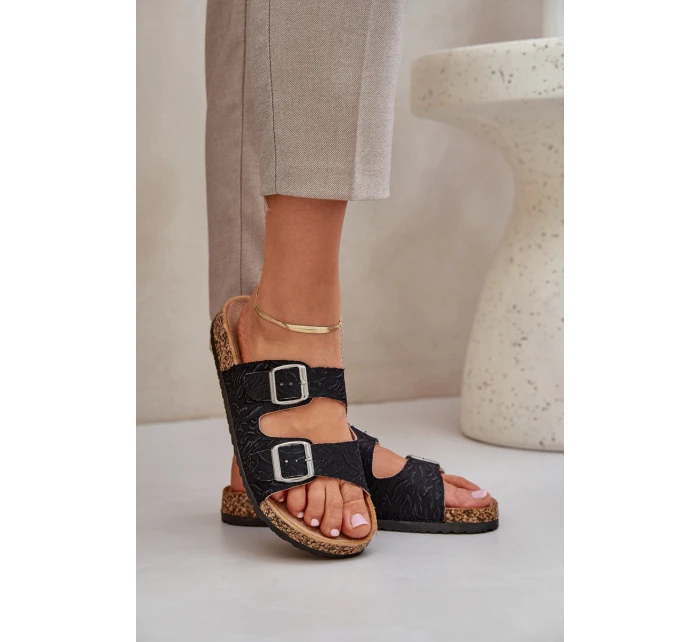 Materiałowe Klapki Na Korkowej Podeszwie Z Klamrami Czarne Atera