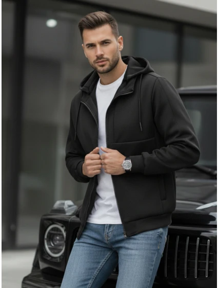 Pánska prechodná bunda s kapucňou čierna FashionStreet TX5016