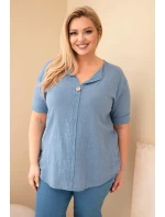 Dámske bavlnené Plus veľkosť blúzka s výstrihom na gombíky Denim