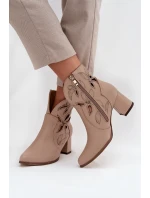 Skórzane Ażurowe Botki Damskie Na Słupku Zazoo 3647 Jasnobeżowe