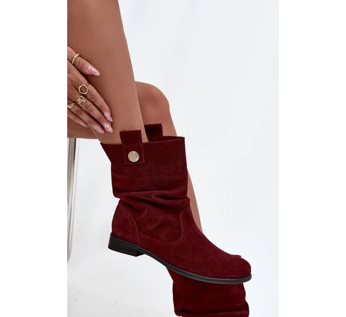 Skórzane Zamszowe Botki Damskie Z Marszczeniem Ocieplane Zazoo 4210 Bordowe