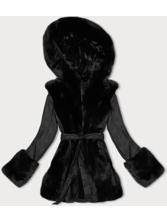 Čierna bunda z eko kože s kožušinovou podšívkou J Style (11Z8079)