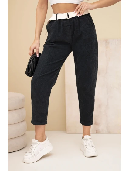 Dámske manšestrové nohavice s opaskom čierne Dámske manšestrové nohavice s opaskom čierne