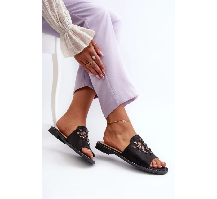 Błyszczące Klapki Damskie Z Ozdobami S.Barski KV27-063 Czarne