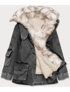 Čierno / béžová dámska džínsová bunda s kožušinovým golierom (BR9585-1046)
