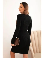 Dámske viskózové pruhované šaty s dlhými rukávmi a stojacím golierom čierne
