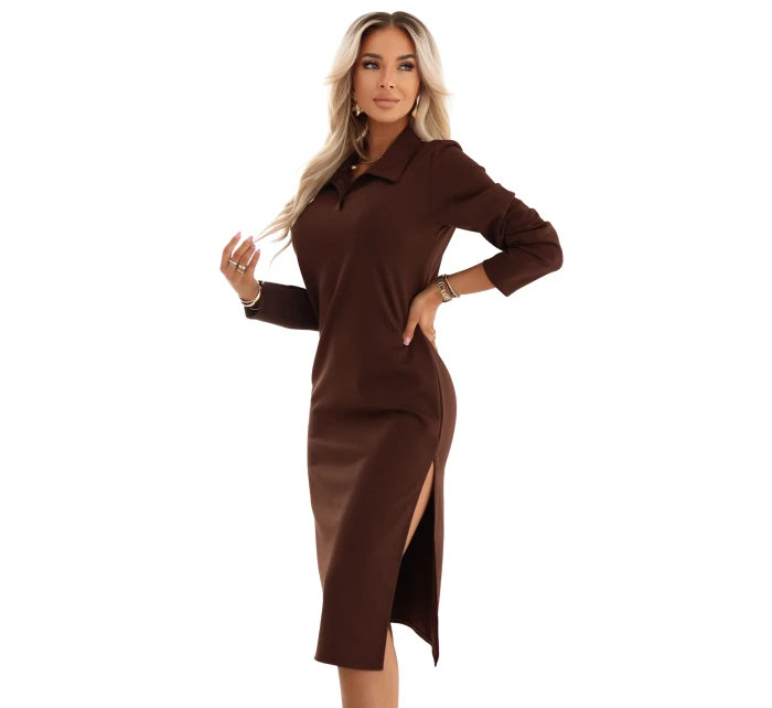 model 21884014 Elegantní midi šaty s límečkem a bočním rozparkem čokoládové - numoco basic
