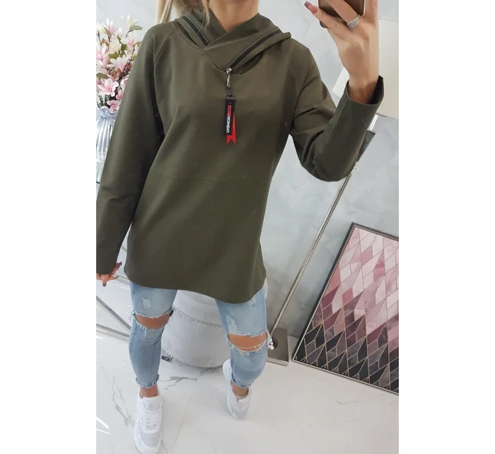 Tunika na zips s kapucňou Oversize khaki farba