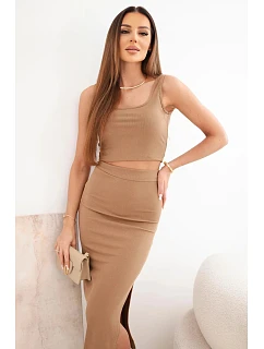 Dámský komplet top a proužkovaná sukně camelový