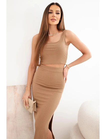 Dámský komplet top a proužkovaná sukně camelový