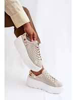 Kožené síťované dámské tenisky na platformě s páskem na podpatku model 22100279 béžové - D&A