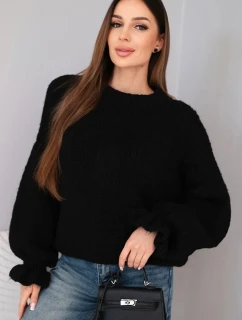 Dámský svetr s přídavkem mohairu s model 21857683 pletením a ozdobnými rukávy černý - K-Fashion
