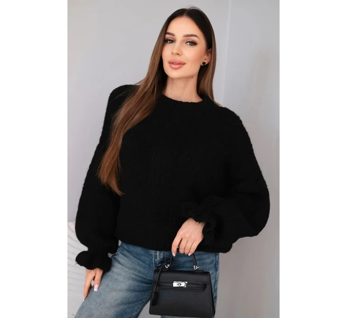 Dámsky mohérový sveter s hrubým úpletom a ozdobnými rukávmi čierny Dámsky mohérový sveter s hrubým úpletom a ozdobnými rukávmi čierny