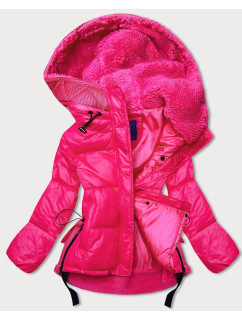 Krátka ružová dámska zimná bunda s kapucňou (JIN211)