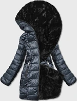 Dámska obojstranná bunda s kožušinou v grafitovej farbe (b8052-70)