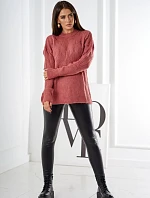 Sveter nasadený cez hlavu s módnou väzbou tmavo ružová