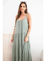 Dámské viskózové šaty na model 22141184 ramínkách khaki - K-Fashion