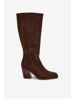 Semišové Kozačky Na Podpatku Zip Čokoládové model 21705071 - Boto