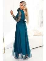 Dlouhé maxi šaty s rukávy a obálkovým výstřihem lahvově zelené model 22045483 - numoco basic Dlouhé maxi šaty s rukávy a obálkovým výstřihem lahvově zelené model 22045483 - numoco basic