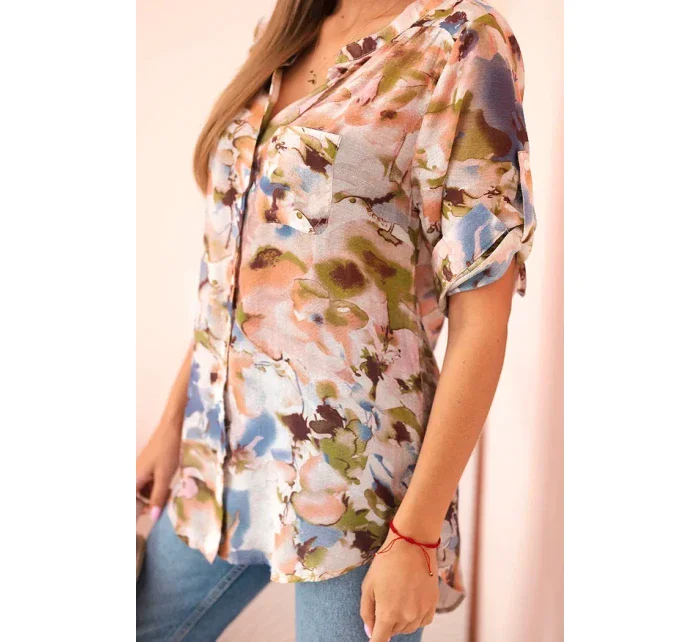 Dámske viskózové tričko s 3/4 rukávmi s akvarelovým vzorom v béžovej farbe Dámske viskózové tričko s 3/4 rukávmi s akvarelovým vzorom v béžovej farbe