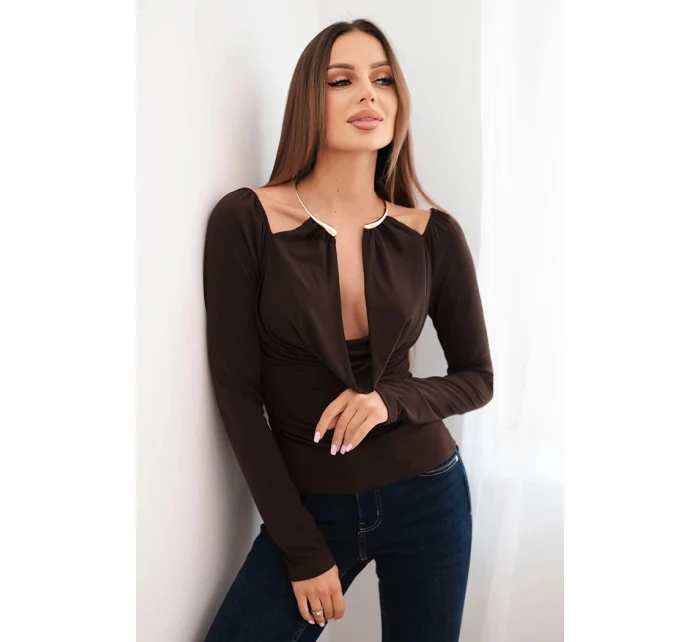 Dámská blůza s model 21731238 výstřihem a dlouhým rukávem hnědá - K-Fashion