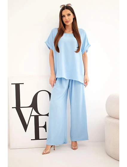 Dámske Plus veľkosť blúzka a široké nohavice Set Blue