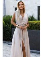 Elegantní béžové dlouhé dámské šaty s brokátem a s  vázání model 20110813 - numoco