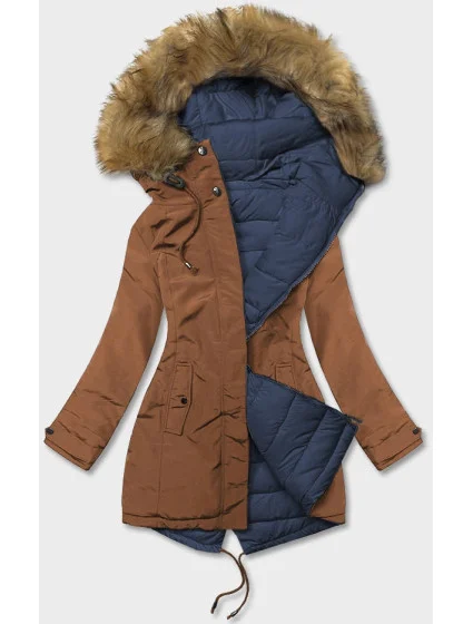 Karamelová tmavomodrá obojstranná dámska zimná bunda (2M-21508)