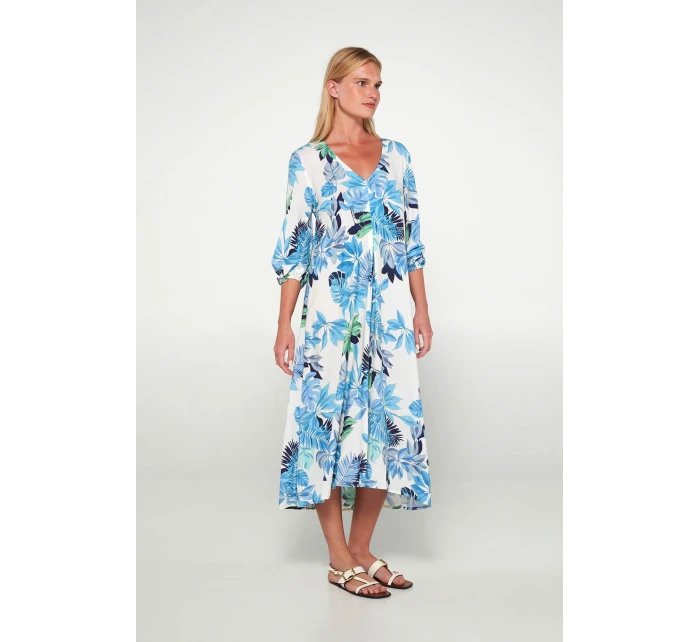 Dámske šaty 20417 Ecru s modrou a zelenou potlačou - Vamp Dámske šaty 20417 Ecru s modrou a zelenou potlačou - Vamp