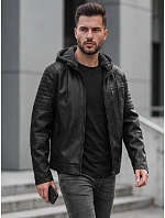 Pánska kožená zateplená bunda s kapucňou, čierna, FashionStreet TX5143 Pánska kožená zateplená bunda s kapucňou, čierna, FashionStreet TX5143