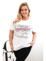Dámská halenka Plus Size s flitrovým nápisem bílá + zelená Dámská halenka Plus Size s flitrovým nápisem bílá + zelená