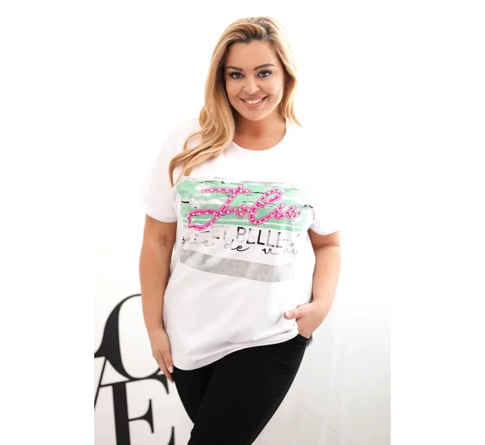 Dámská halenka Plus Size s flitrovým nápisem bílá + zelená Dámská halenka Plus Size s flitrovým nápisem bílá + zelená