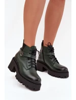 Skórzane Botki Damskie Na Klocku Z Ozdobnym Paskiem Ocieplane Zazoo 60557 Ciemnozielone