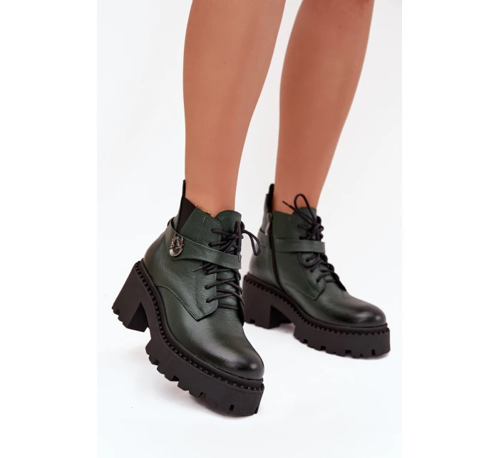 Skórzane Botki Damskie Na Klocku Z Ozdobnym Paskiem Ocieplane Zazoo 60557 Ciemnozielone