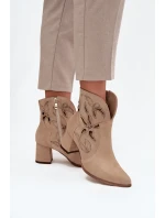 Zamszowe Ażurowe Botki Damskie Na Słupku Zazoo 3647 Beżowe