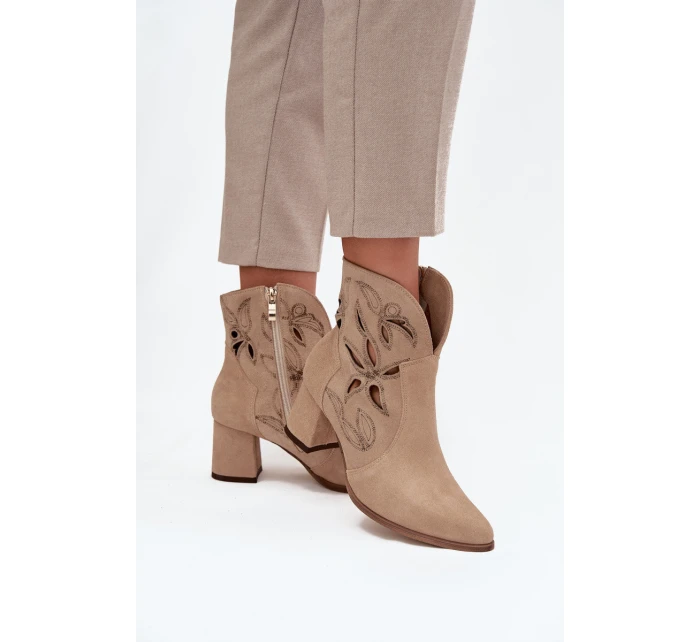 Zamszowe Ażurowe Botki Damskie Na Słupku Zazoo 3647 Beżowe