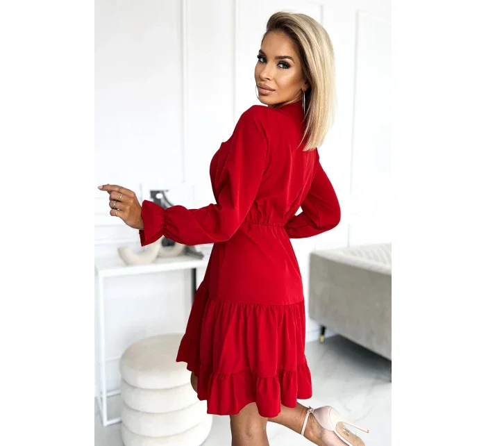 Červené dámske šaty s výstrihom a zlatými gombíkmi 395-1