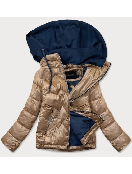 Karamelovo / modrá dámska bunda s kapucňou (BH2003)