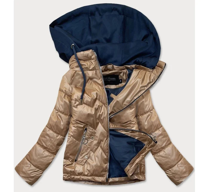 Karamelovo / modrá dámska bunda s kapucňou (BH2003)