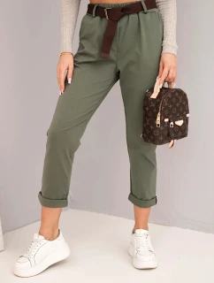 Dámske bavlnené nohavice s opaskom a ohrnutým lemom khaki farby