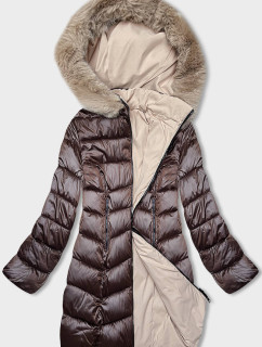 Hnedo-béžová dámska zimná obojstranná bunda s kapucňou (B8202-14046)