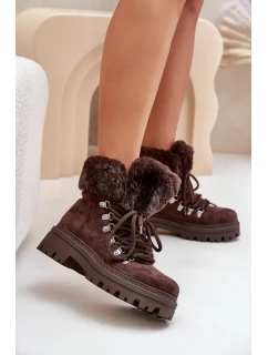 Sznurowane Trapery Damskie Z Futerkiem Ciemnobrązowe Vaminia