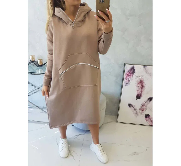 Zateplené šaty s kapucňou tmavo béžové