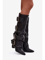 Kozaki Damskie Na Słupku Z Wywiniętą Cholewką I Złotymi Klamrami Czarne Isavelle Kozaki Damskie Na Słupku Z Wywiniętą Cholewką I Złotymi Klamrami Czarne Isavelle