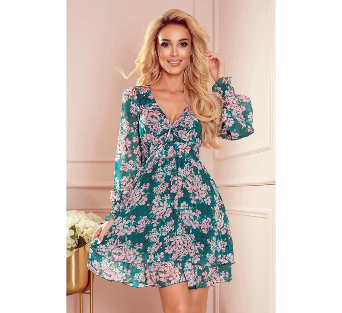 Dámské šifonové šaty s výstřihem se zavazováním a se vzorem květů na pozadí model 18125117 - numoco Dámské šifonové šaty s výstřihem se zavazováním a se vzorem květů na pozadí model 18125117 - numoco