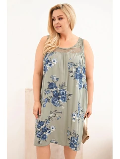Dámské šaty Plus Size z viskózy s květinovým vzorem a krajkovým vrškem khaki