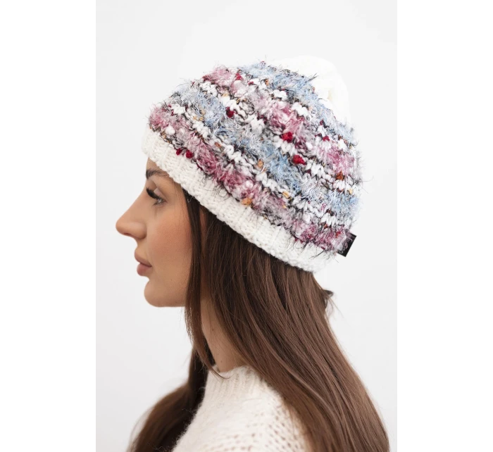 Dámska zimná čiapka s farebným vláknom a elastickou šnúrkou K352 biela+modrá+tmavoružová