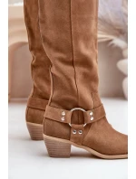 Zamszowe Kozaki Na Niskim Obcasie Z Cholewką Przed Kolano Zazoo 3444/O Camel